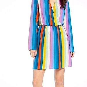 All in Favor Multi-Color Striped Surplice Mini Dress Long Sleeve V-Neck Size M